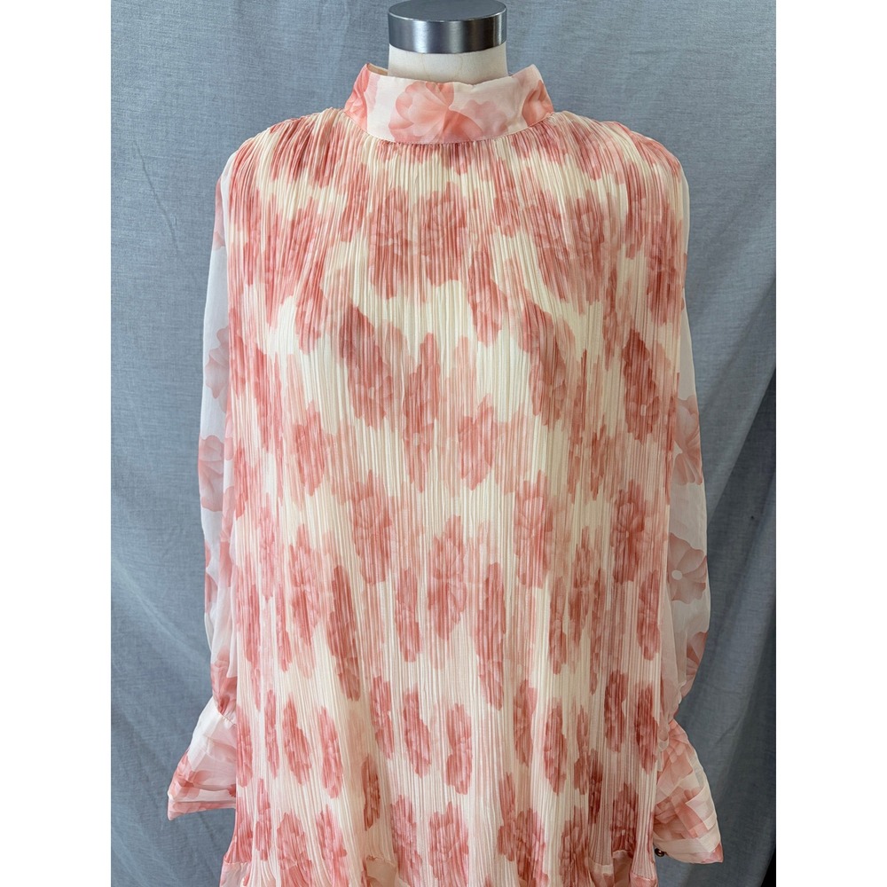 L'Atiste by Amy Pink Floral Pleated Mini Dress Mock Neck Long‎ Sleeve Womens 1X - Picture 2 of 13